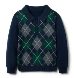 Janie and Jack Sweaters & Sweatshirts-Argyle Polo Sweater dark marine argyle