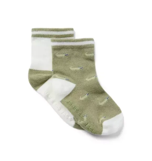 Janie and Jack Online Exclusives|Shoes & Accessories-Baby Alligator And Stripe Sock 2-Pack jet ivory stripe and olive alligator
