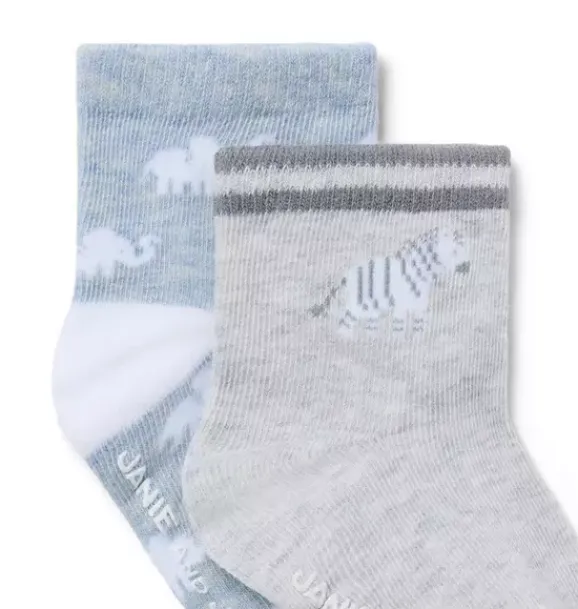 Janie and Jack Shoes & Accessories-Baby Animal Friends Sock Set soft blue heather elephant and earl grey heather zebra