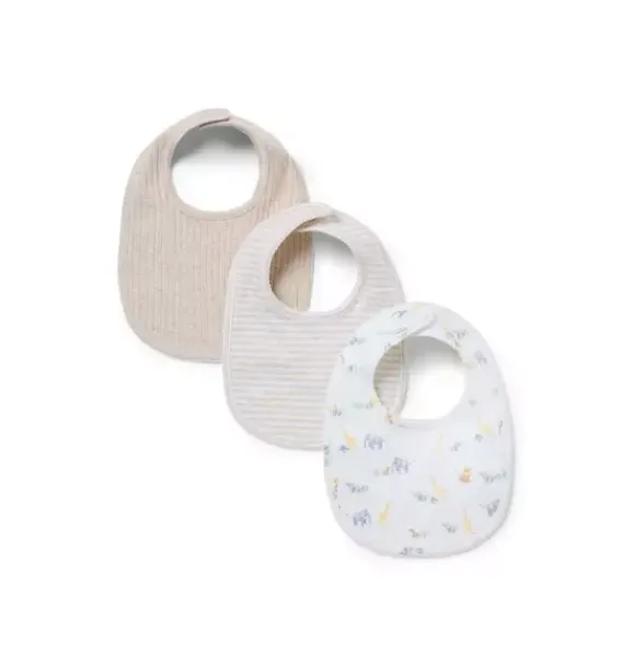 Janie and Jack Online Exclusives|Shoes & Accessories-Baby Bib 3-Pack fluffy bunny heather, jet ivory animal friends toile and jet ivory stripe