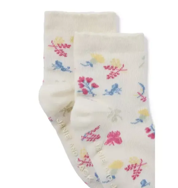 Janie and Jack Shoes & Accessories-Baby Bug Floral Sock seashell ecru bug floral