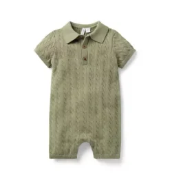 Janie and Jack Online Exclusives|One-pieces & Rompers-Baby Collared Cable Knit Romper olive