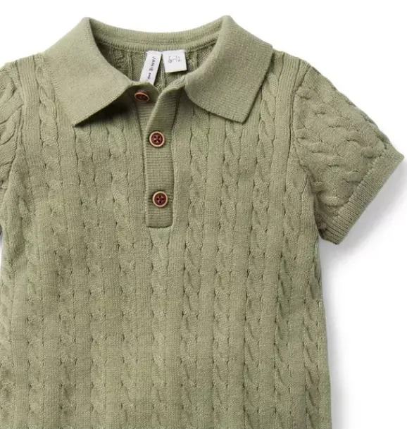 Janie and Jack Online Exclusives|One-pieces & Rompers-Baby Collared Cable Knit Romper olive