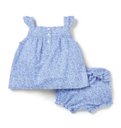 Janie and Jack Sets-Baby Ditsy Floral Bow Matching Set blue ripple ditsy floral