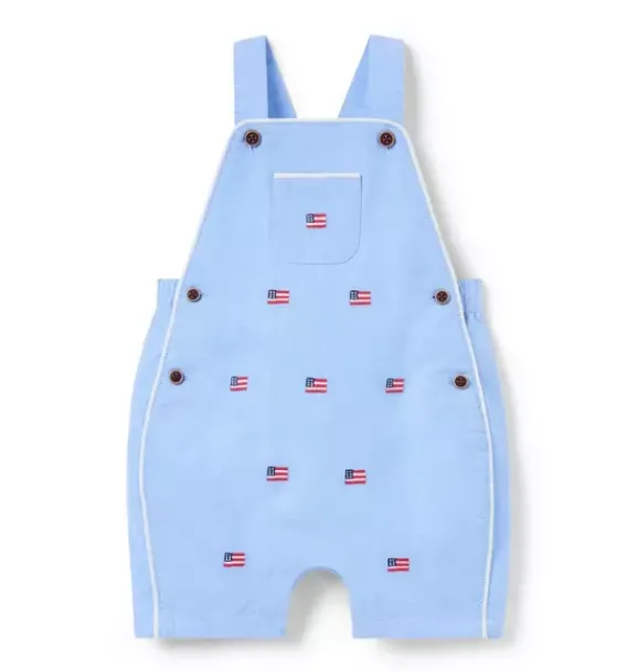 Janie and Jack Pants & Overalls-Baby Embroidered Flag Oxford Overall ocean air heather flag