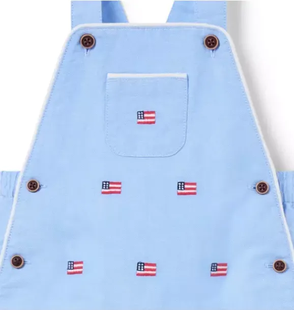 Janie and Jack Pants & Overalls-Baby Embroidered Flag Oxford Overall ocean air heather flag