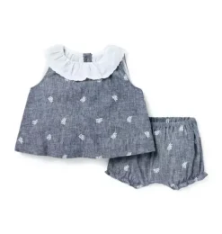 Janie and Jack Sets-Baby Floral Linen-Cotton Matching Set inky blue heather