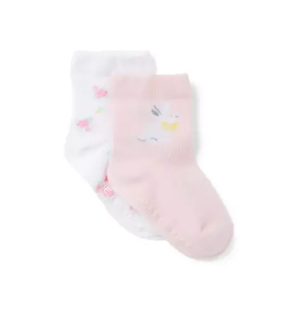 Janie and Jack Shoes & Accessories-Baby Flower And Bunny Sock 2-Pack white floral and pale pink bunny