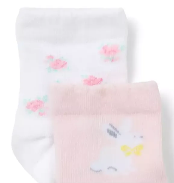 Janie and Jack Shoes & Accessories-Baby Flower And Bunny Sock 2-Pack white floral and pale pink bunny