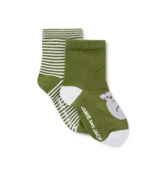 Janie and Jack Shoes & Accessories-Baby Koala And Stripe Sock 2-Pack green bean koala and green bean stripe