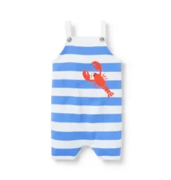 Janie and Jack Pants & Overalls-Baby Striped Lobster Romper soft blue stripe