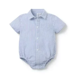 Janie and Jack Tops & Bodysuits-Baby Striped Seersucker Collared Bodysuit atlantic blue stripe