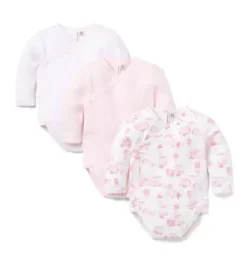 Janie and Jack Tops & Bodysuits-Baby Wrap Bodysuit 3-Pack pink blossom, light pink animal friends toile and jet ivory stripe