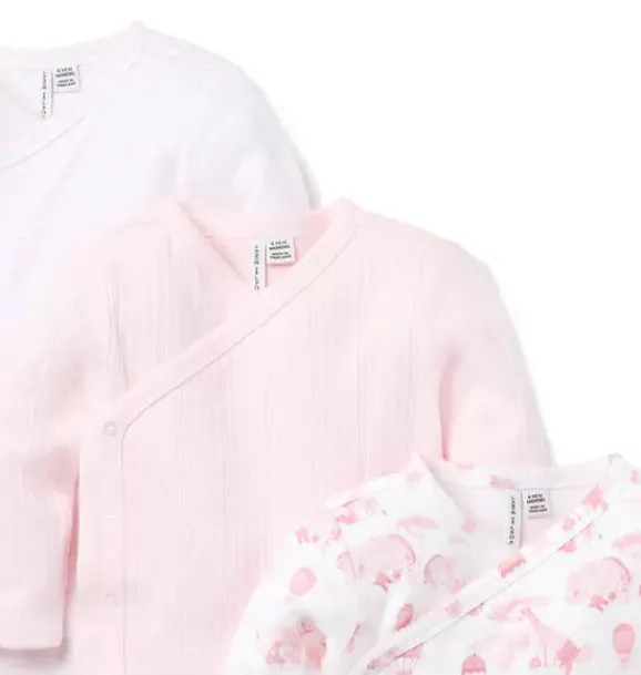 Janie and Jack Tops & Bodysuits-Baby Wrap Bodysuit 3-Pack pink blossom, light pink animal friends toile and jet ivory stripe