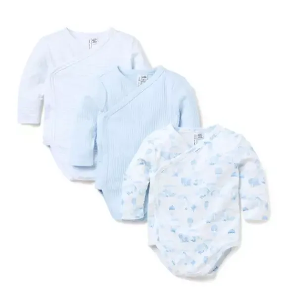 Janie and Jack Tops & Bodysuits-Baby Wrap Bodysuit 3-Pack bundle blue, light blue animal friends toile and white stripe