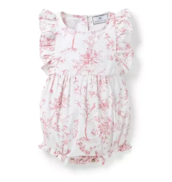 Janie and Jack Baby Pajamas|Petite Plume-Baby's Twill Ruffled Romper in pink timeless toile