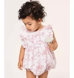 Janie and Jack Baby Pajamas|Petite Plume-Baby's Twill Ruffled Romper in pink timeless toile