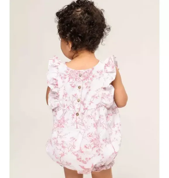 Janie and Jack Baby Pajamas|Petite Plume-Baby's Twill Ruffled Romper in pink timeless toile