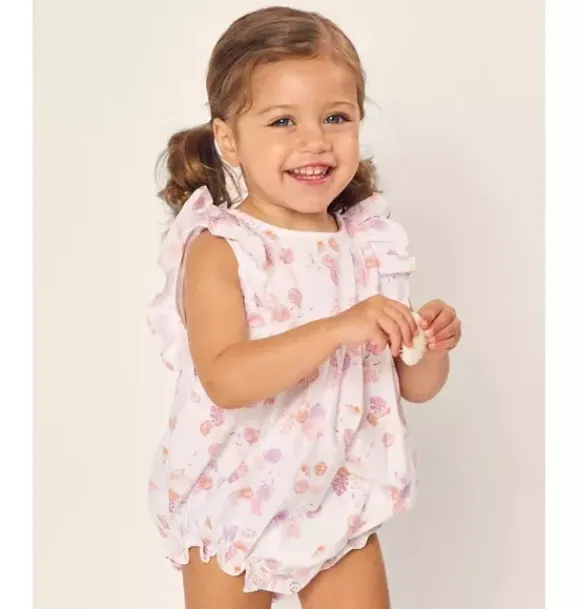 Janie and Jack Petite Plume|Baby Pajamas-Baby's Twill Ruffled Romper in seashell splendor