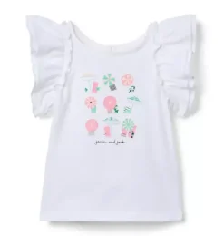 Janie and Jack Short Sleeve Tops-Beach Umbrella Ruffle Sleeve Tee white