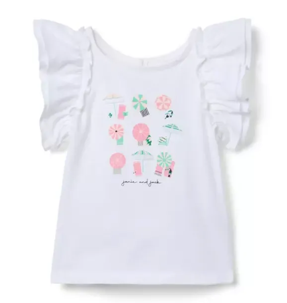 Janie and Jack Short Sleeve Tops-Beach Umbrella Ruffle Sleeve Tee white