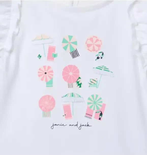 Janie and Jack Short Sleeve Tops-Beach Umbrella Ruffle Sleeve Tee white