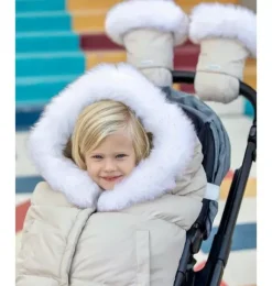 Janie and Jack Strollers-Blanket 212 evolution - Tundra Plush heather beige - white faux fur