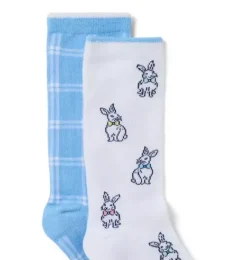 Janie and Jack Socks|Suiting-Bunny And Checked Sock 2-Pack white bunny and breezy blue check
