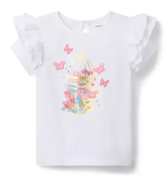 Janie and Jack Short Sleeve Tops-Butterfly Ruffle Sleeve Tee white