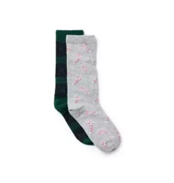 Janie and Jack Socks-Candy Cane And Tartan Sock 2-Pack dark emerald tartan and classic grey heather