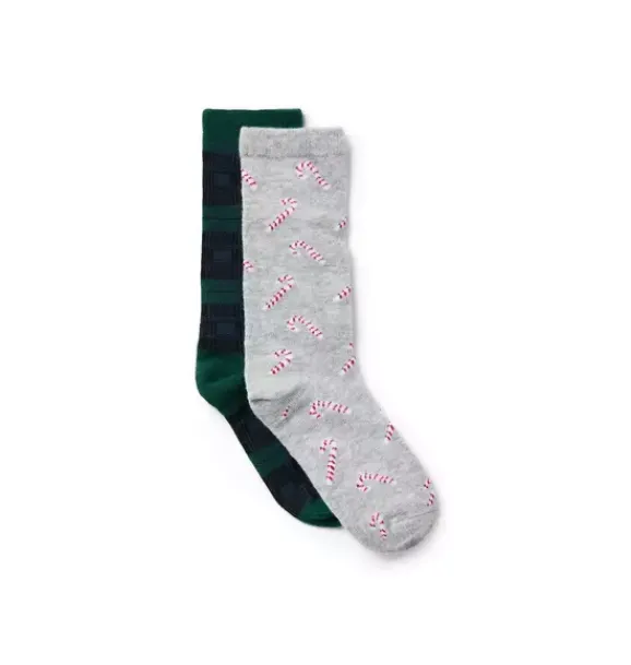 Janie and Jack Socks-Candy Cane And Tartan Sock 2-Pack dark emerald tartan and classic grey heather