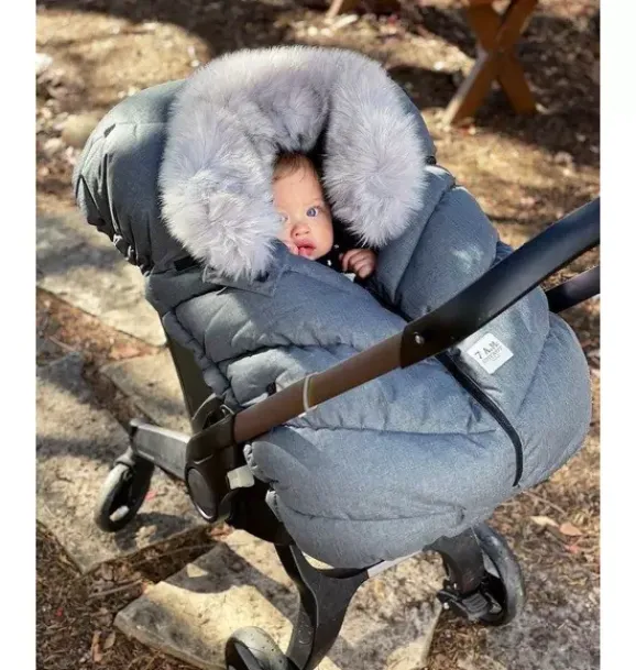 Janie and Jack Car Seats-Car Seat Cocoon - Tundra heather grey dark - arctic faux fur