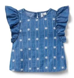 Janie and Jack Sleeveless Tops-Chambray Embroidered Floral Top poxie medium wash