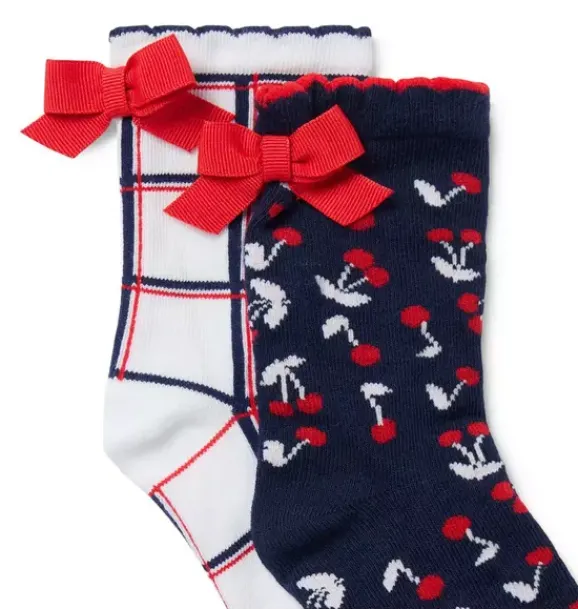 Janie and Jack Socks & Tights-Cherry And Checked Sock 2-Pack merchant marine cherry and jet ivory check