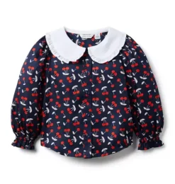 Janie and Jack Long Sleeve Tops-Cherry Collared Top merchant marine cherry