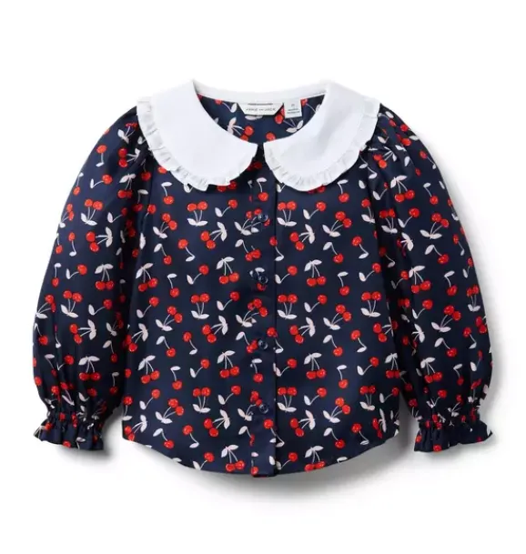 Janie and Jack Long Sleeve Tops-Cherry Collared Top merchant marine cherry