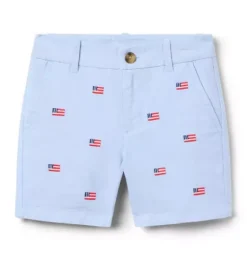 Janie and Jack Shorts-Embroidered Flag Oxford Short ocean air heather flag
