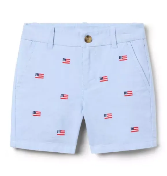Janie and Jack Shorts-Embroidered Flag Oxford Short ocean air heather flag
