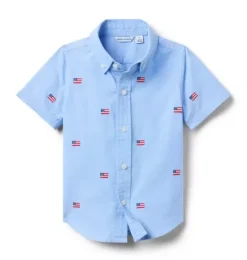 Janie and Jack Shirts-Embroidered Flag Oxford Shirt ocean air heather flag