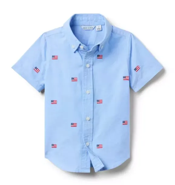 Janie and Jack Shirts-Embroidered Flag Oxford Shirt ocean air heather flag