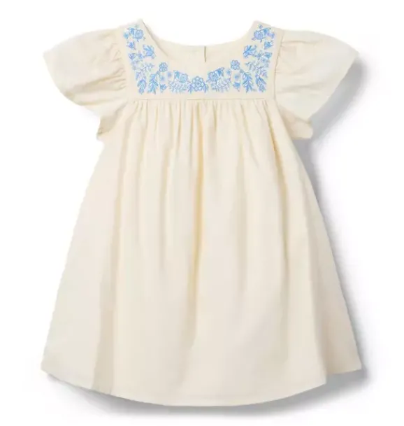 Janie and Jack Dresses-Embroidered Floral Ruffle Sleeve Dress eggshell