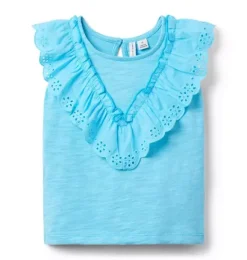 Janie and Jack Sleeveless Tops-Eyelet Ruffle Top turquoise sky
