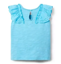 Janie and Jack Sleeveless Tops-Eyelet Ruffle Top turquoise sky
