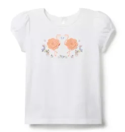 Janie and Jack Short Sleeve Tops-Flamingo Puff Sleeve Tee white