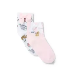 Janie and Jack Socks & Tights-Floral And Bunny Sock 2-Pack white floral and pale pink bunny