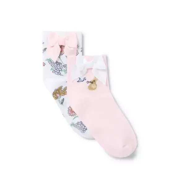 Janie and Jack Socks & Tights-Floral And Bunny Sock 2-Pack white floral and pale pink bunny