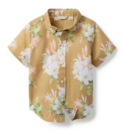Janie and Jack Shirts|Swim Outfits-Floral Linen-Cotton Shirt iced latte floral