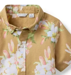 Janie and Jack Shirts|Swim Outfits-Floral Linen-Cotton Shirt iced latte floral