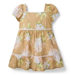 Janie and Jack Dresses-Floral Puff Sleeve Dress iced latte floral