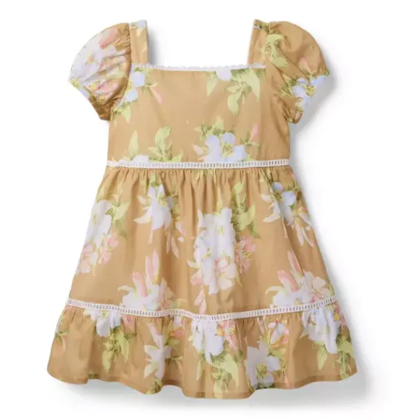 Janie and Jack Dresses-Floral Puff Sleeve Dress iced latte floral
